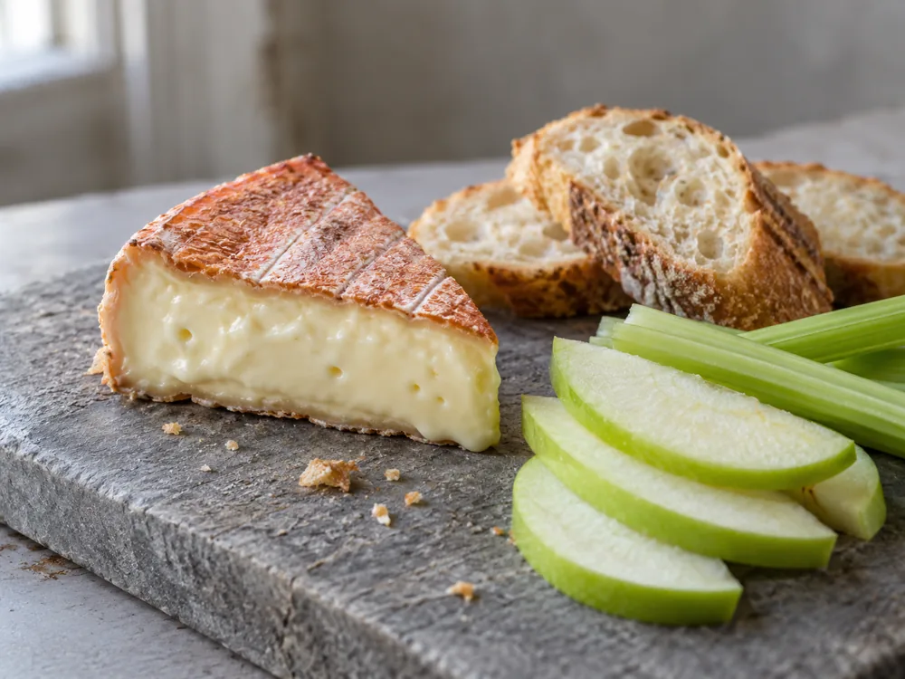 Wedge of orange-rind soft cheese with crusty bread, green apple slices, and celery - ColoRouge | KnowTheCheese