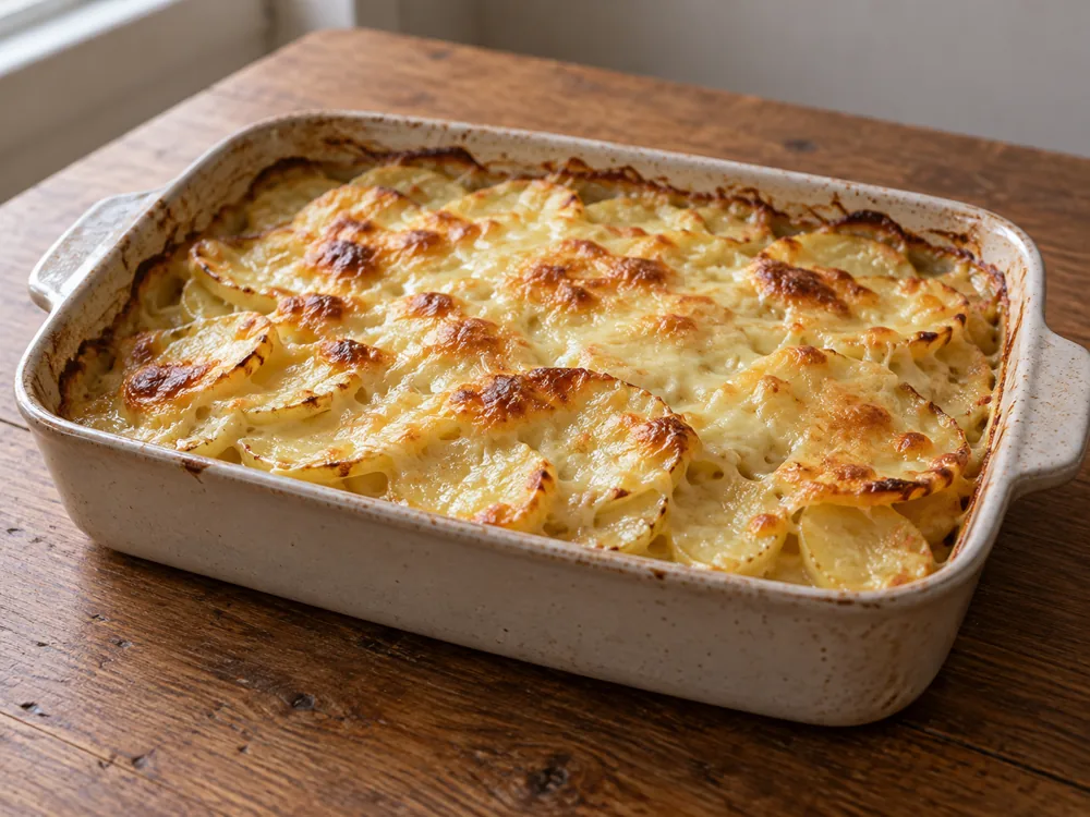 Baking dish of sliced potatoes under golden melted cheese - ColoRouge | KnowTheCheese