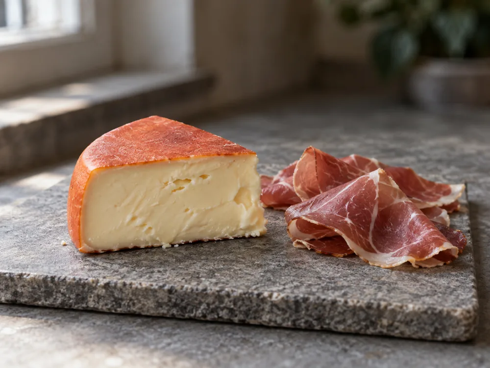 Wedge of orange-rind soft cheese beside folded slices of dried cured meat - ColoRouge | KnowTheCheese