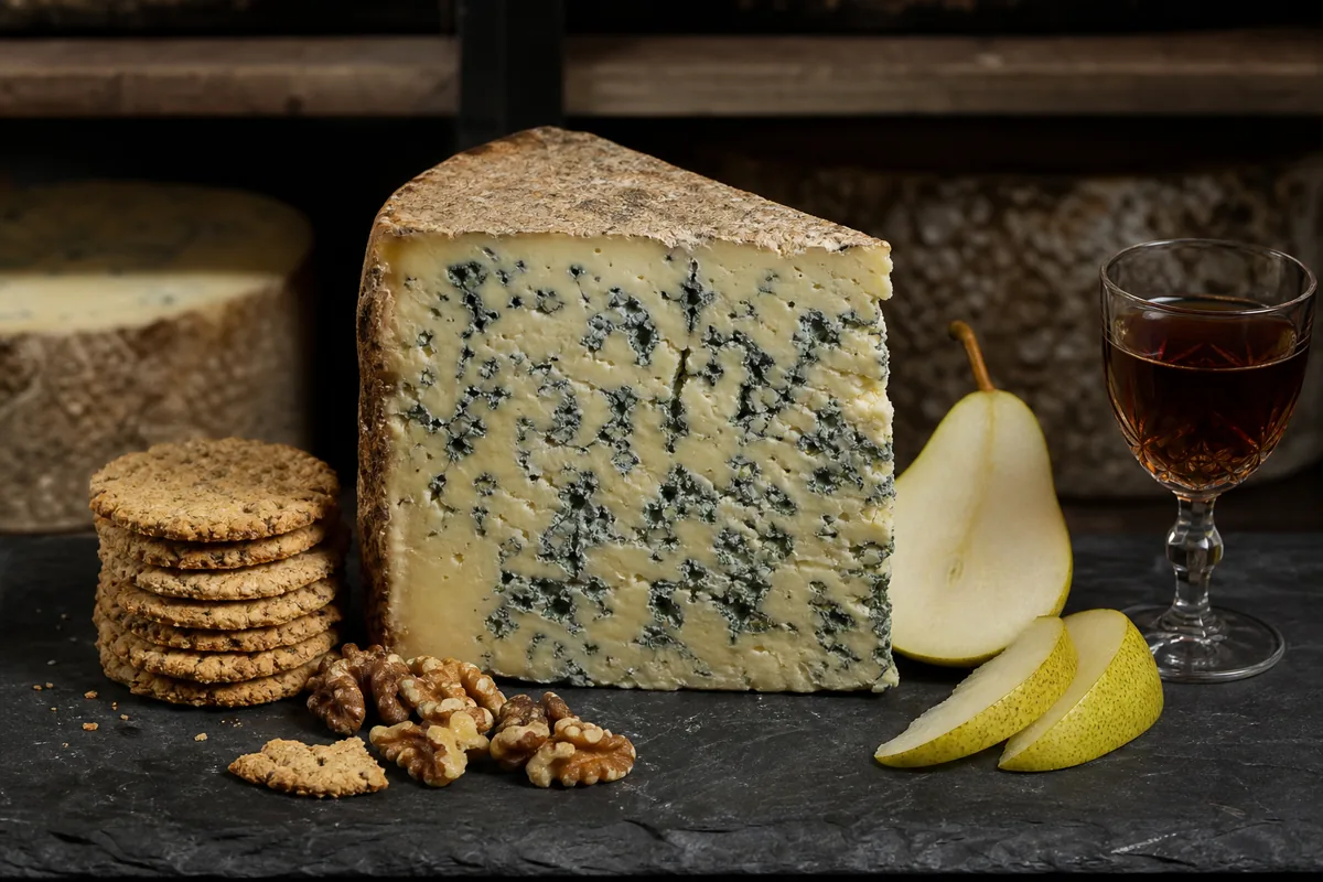 Traditional blue Stilton wedge with pear walnuts oat crackers and port - Colston Bassett Stilton | KnowTheCheese
