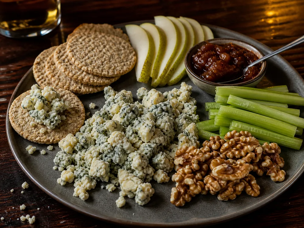 Crumbled blue Stilton on oatcakes with pear celery walnuts and chutney - Colston Bassett Stilton | KnowTheCheese