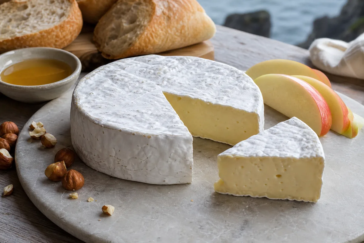 Small Brie style cheese with apple hazelnuts bread and honey - Comox Brie | KnowTheCheese