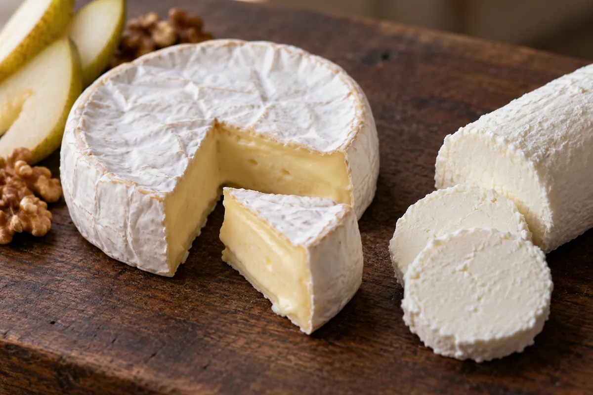 Whole Brie with one wedge cut out beside a fresh goat cheese log cut into rounds, with pear slices and walnuts - Brie vs goat cheese | KnowTheCheese