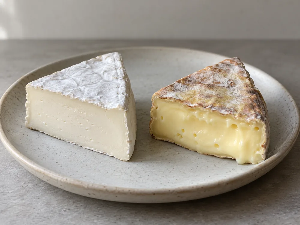 Two Brie wedges, one with a chalky pale centre and one with a soft straw-coloured centre - Brie | KnowTheCheese