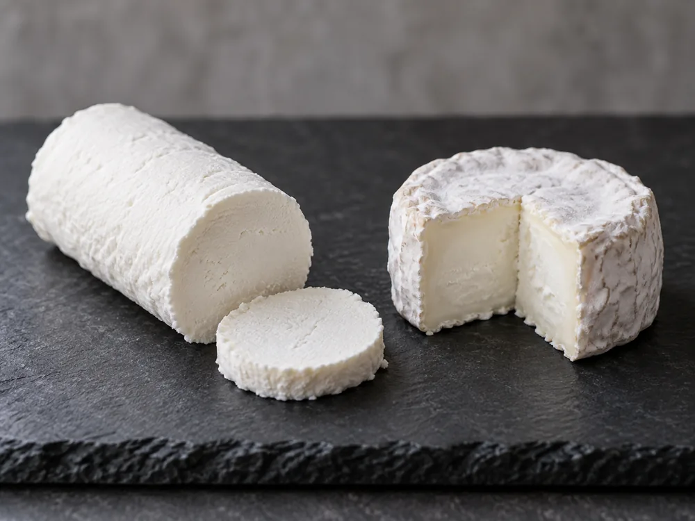 Uncoated fresh goat cheese log beside a goat cheese round with a white mould coating - goat cheese | KnowTheCheese