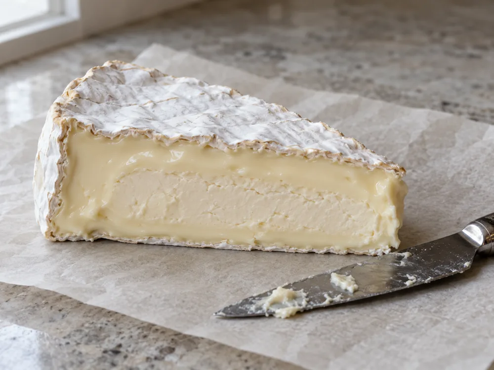 Cut Brie wedge showing a soft glossy ring under the rind and a chalky centre - Brie | KnowTheCheese