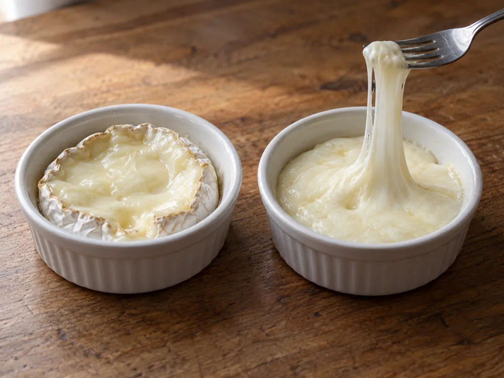 Warmed Brie and melted mozzarella with a stretched strand in two white dishes - Brie vs Mozzarella | KnowTheCheese