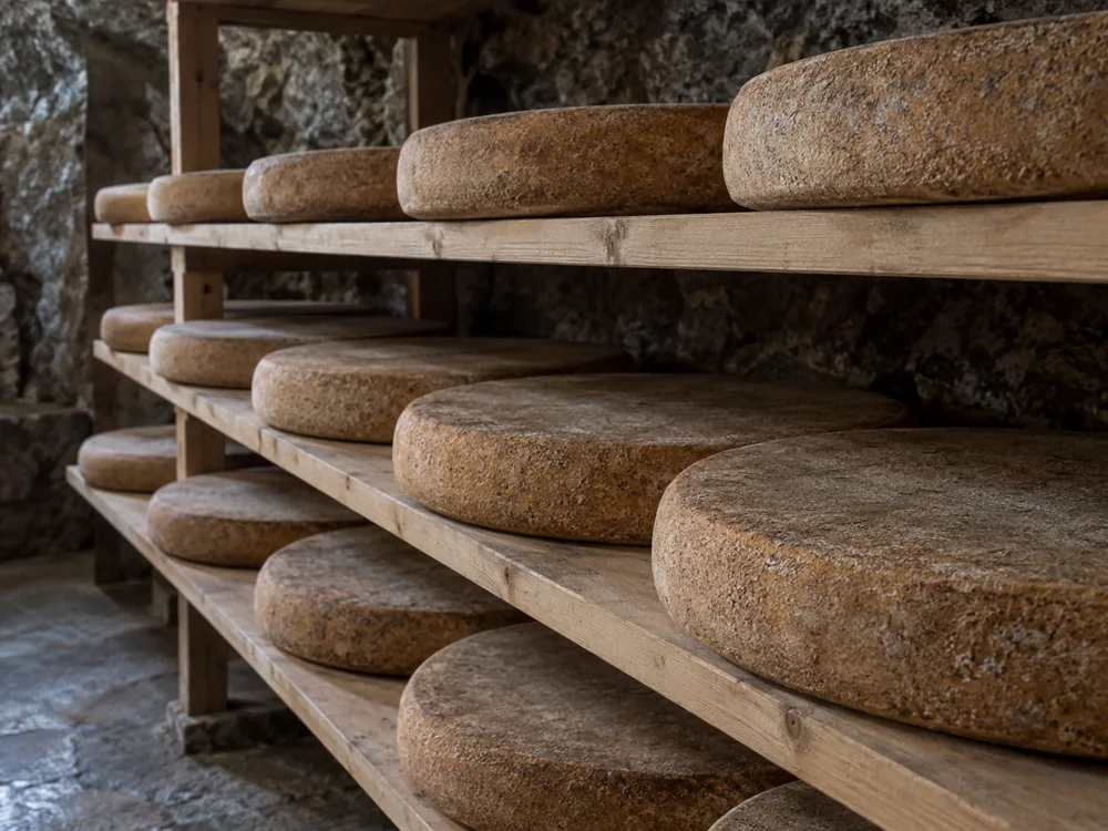Whole brown-rinded cheese wheels on spruce shelves in an ageing cellar - Comte vs Gruyere | KnowTheCheese