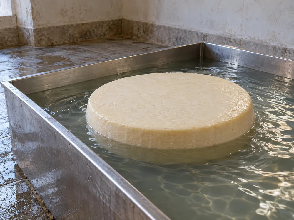 Large round cheese wheel partly submerged in a stainless steel brine tank - Comte vs Gruyere | KnowTheCheese