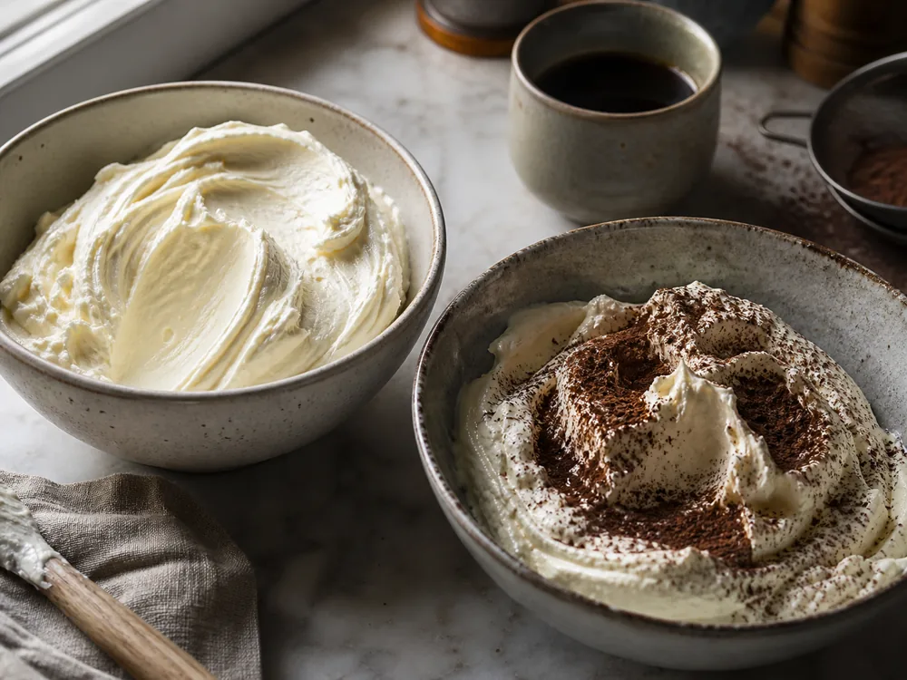 Firm cream cheese frosting beside loose mascarpone cream with cocoa and coffee - Cream cheese vs mascarpone | KnowTheCheese