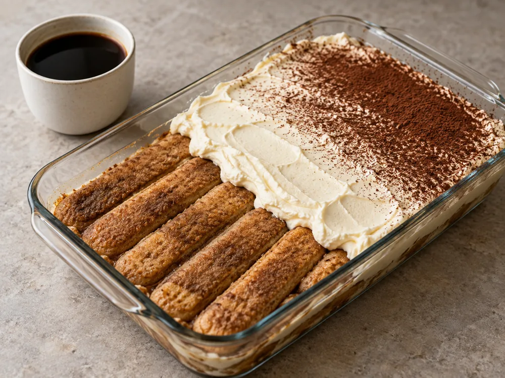 Coffee-soaked ladyfingers being layered with mascarpone cream and cocoa in a glass dish - Cream cheese vs mascarpone | KnowTheCheese
