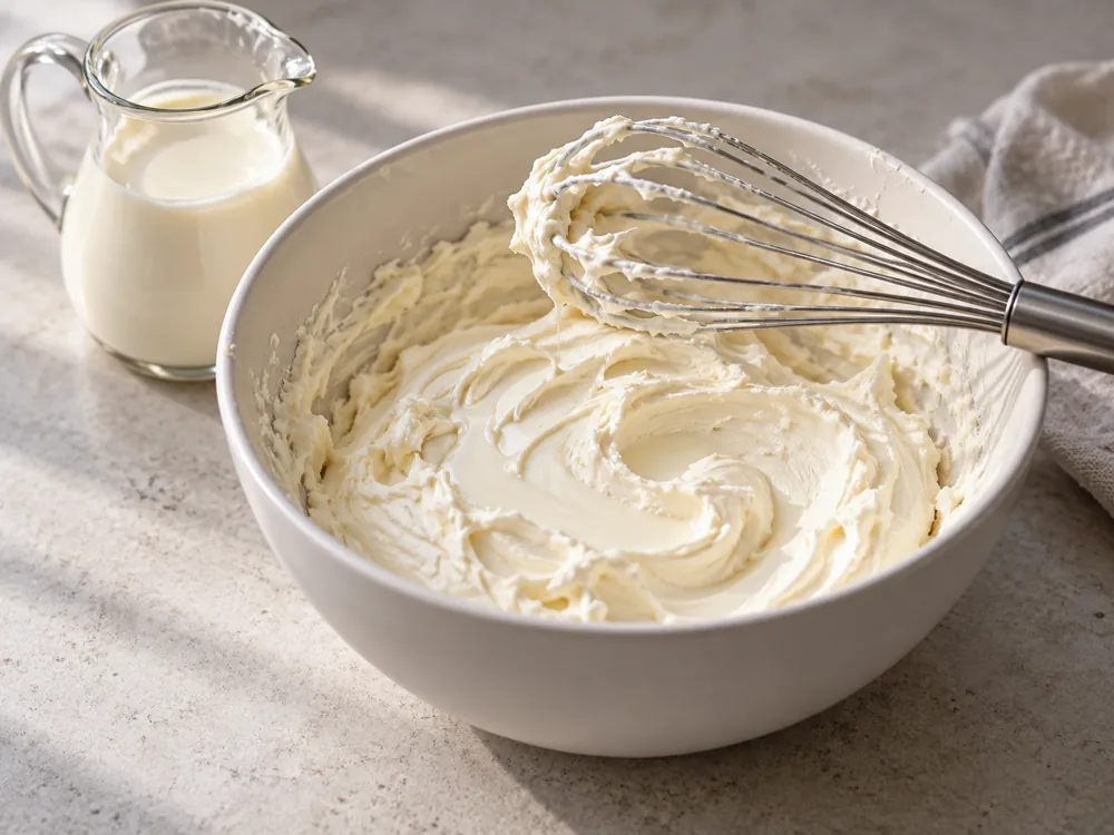 Cream cheese beaten smooth in a bowl beside a jug of heavy cream and a whisk - Cream cheese vs mascarpone | KnowTheCheese
