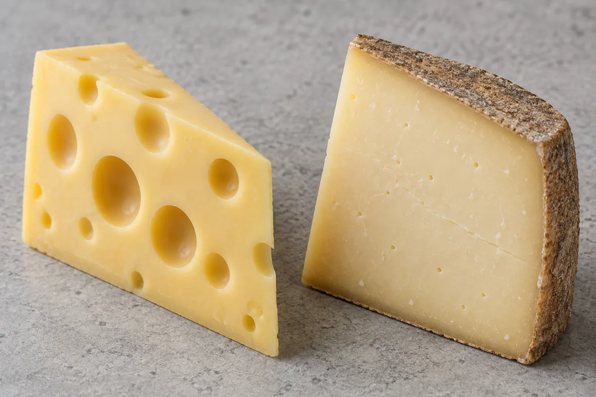 Illustrated Emmental wedge with round holes beside a Gruyere wedge with a closed paste - Emmental vs Gruyere | KnowTheCheese
