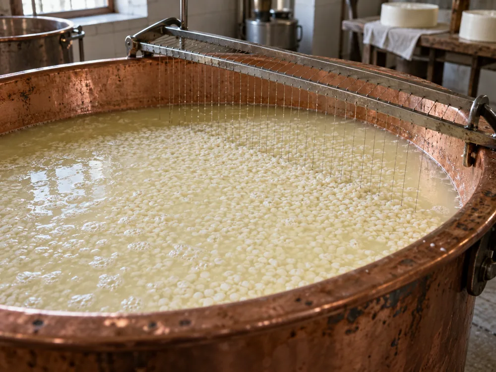 Cut curd grains floating in whey in an open copper vat with a wire cheese harp across the rim - Emmental vs Gruyere | KnowTheCheese
