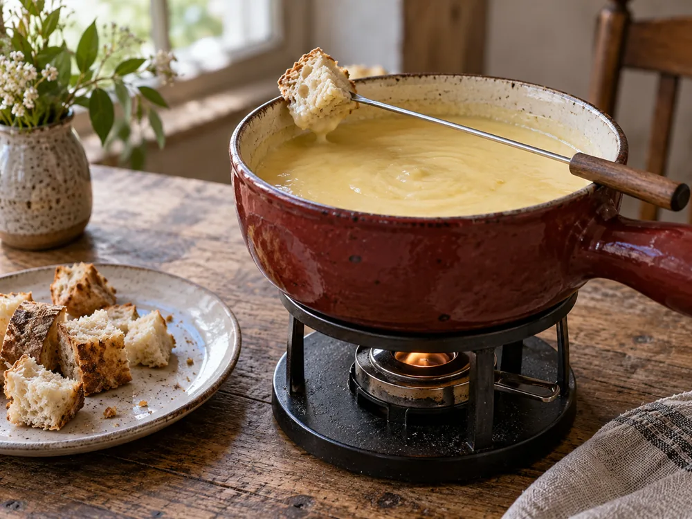 Melted cheese in a glazed fondue pot on a tabletop burner, with bread cubes on a plate and a fork resting on the rim - Emmental vs Gruyere | KnowTheCheese