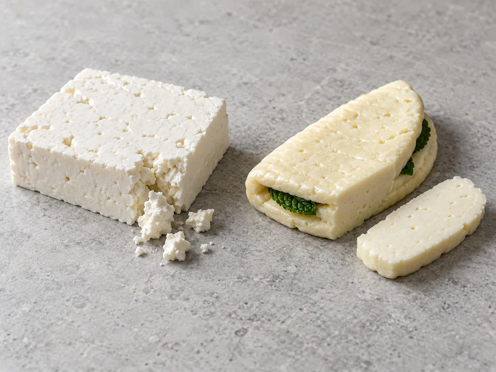 Rindless white feta block beside a halloumi folded over mint leaves - Feta vs Halloumi | KnowTheCheese