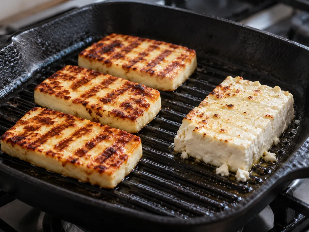 Grill-marked halloumi slices beside a softened slab of feta on a griddle pan - Feta vs Halloumi | KnowTheCheese