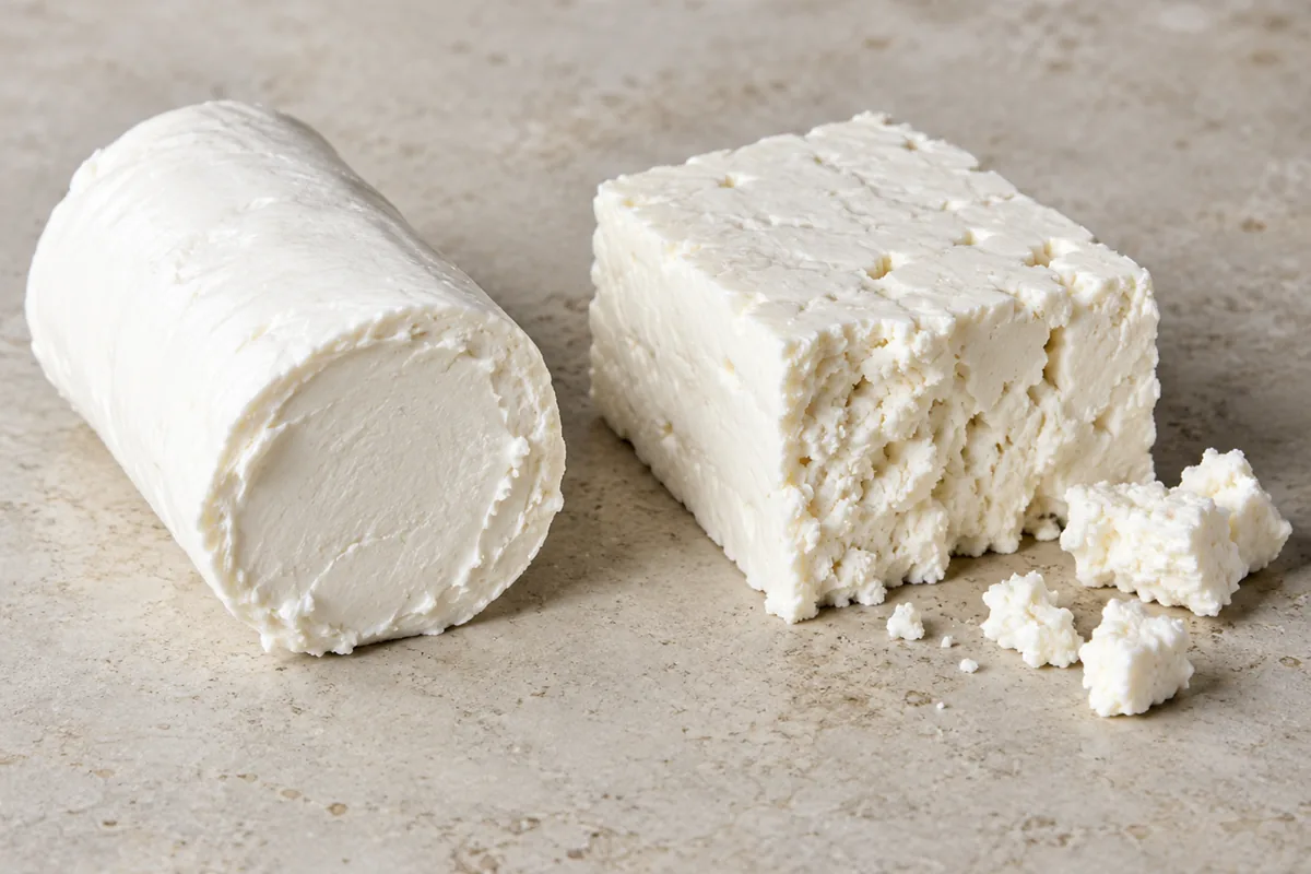Fresh goat cheese log with a cut end beside a crumbly block of feta - Goat Cheese vs Feta