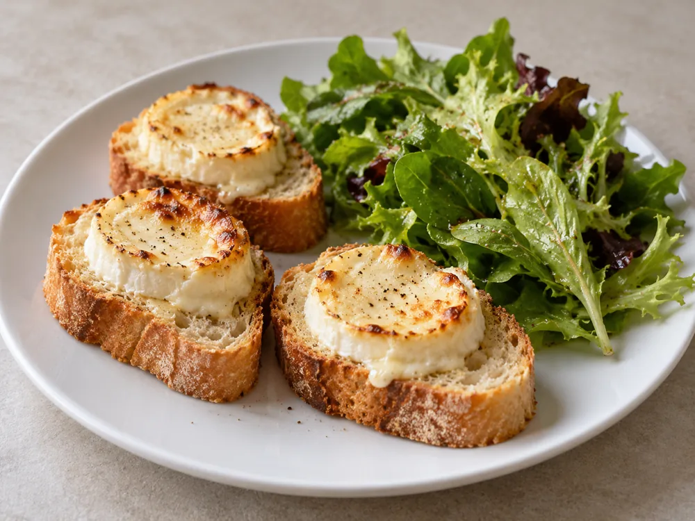 Rounds of goat cheese broiled on slices of French bread beside a green salad - Goat Cheese vs Feta | KnowTheCheese