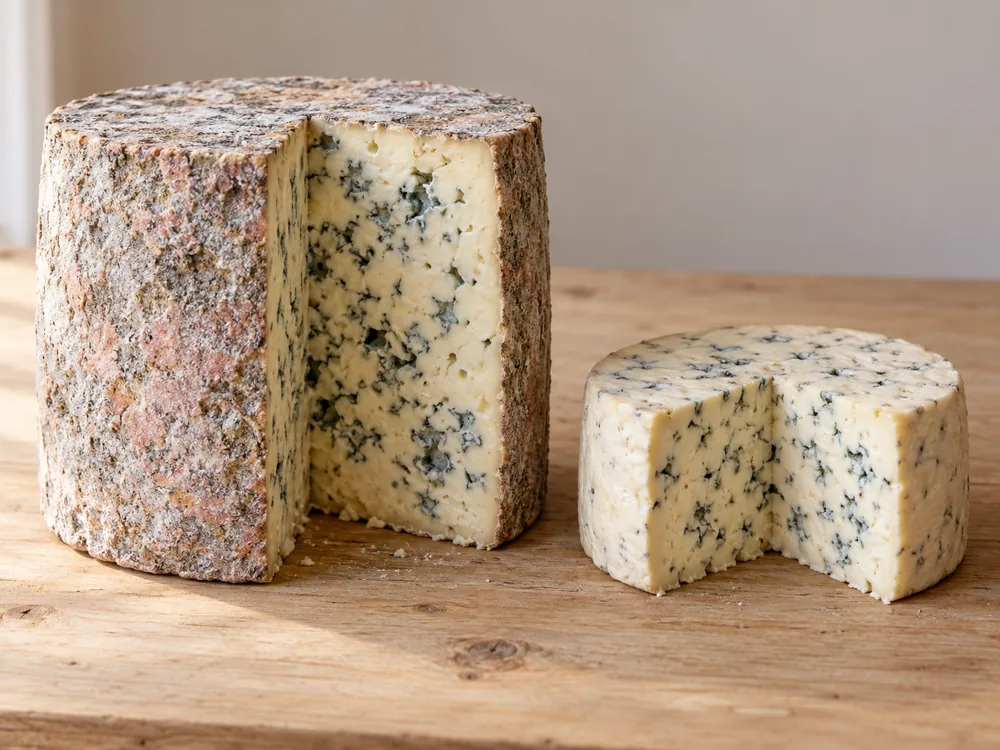 Tall wheel with a grey and pinkish rind beside a smaller, lower, evenly veined wheel, both cut open - Gorgonzola vs Roquefort | KnowTheCheese