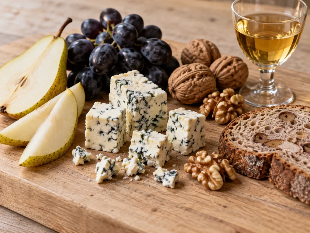 Cubes of blue-veined cheese beside pear slices, grapes, walnuts, walnut bread and a glass of sweet white wine - Gorgonzola vs Roquefort | KnowTheCheese
