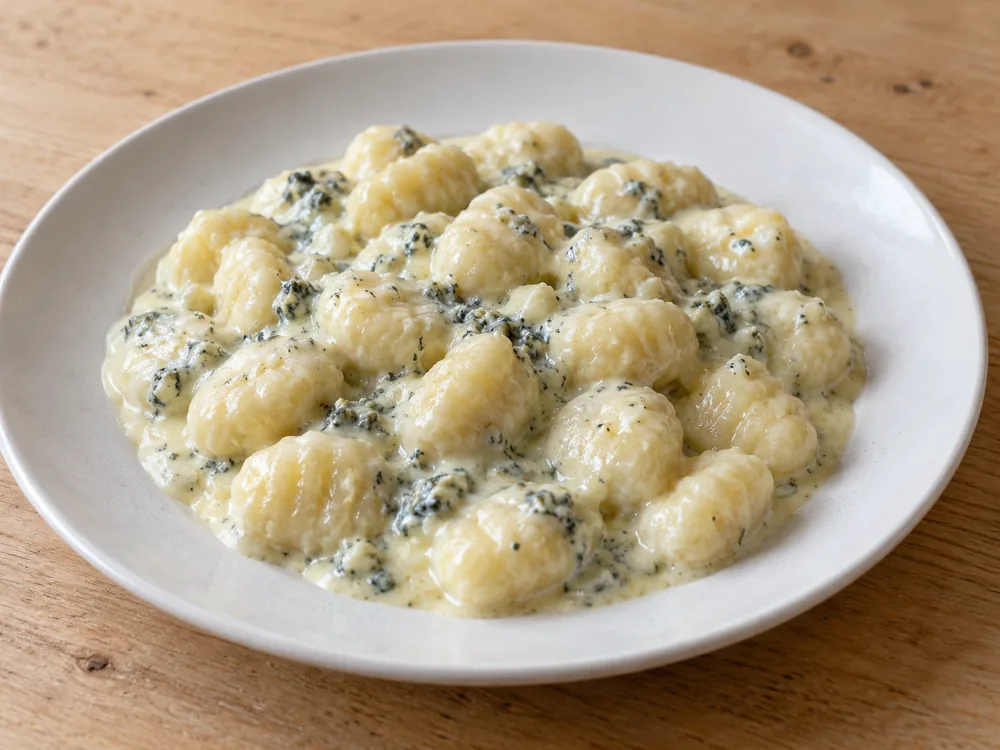 Gnocchi in a cream sauce flecked with blue-green blue cheese - Gorgonzola vs Roquefort | KnowTheCheese