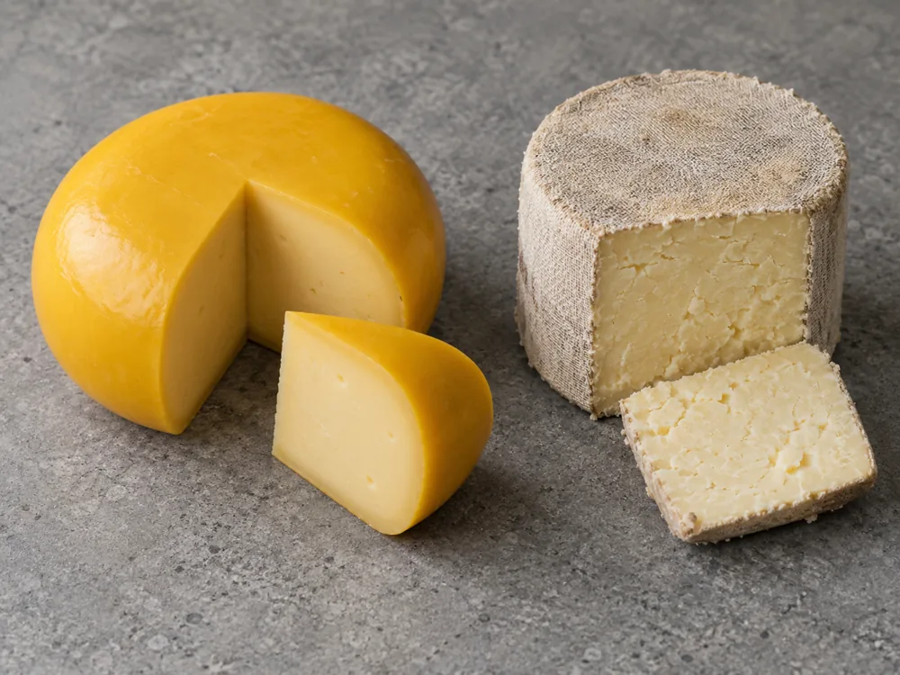 Round yellow-waxed Gouda with a wedge cut out beside a cloth-wrapped Cheddar with a cut face - Gouda vs Cheddar | KnowTheCheese