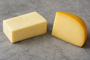 Rindless Havarti with small irregular holes beside a yellow-waxed Gouda wedge - Havarti vs Gouda | KnowTheCheese