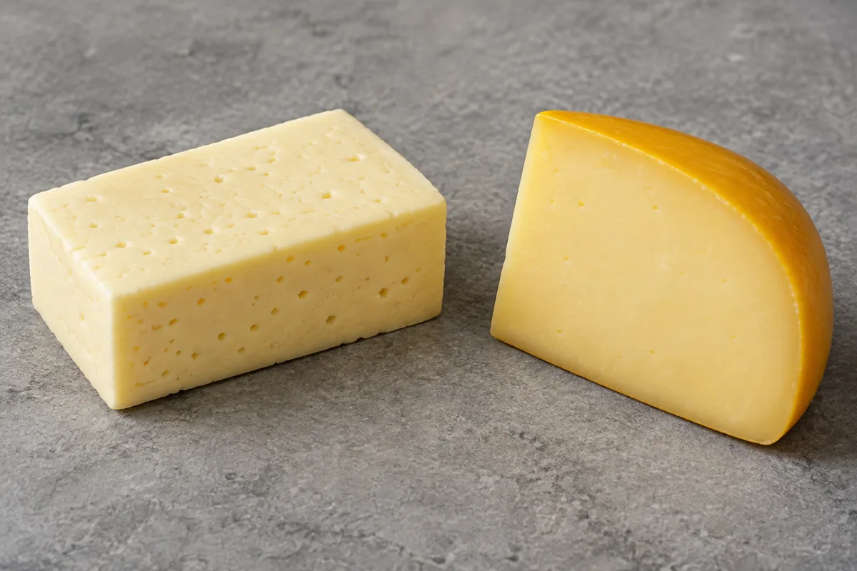 Rindless Havarti with small irregular holes beside a yellow-waxed Gouda wedge - Havarti vs Gouda | KnowTheCheese