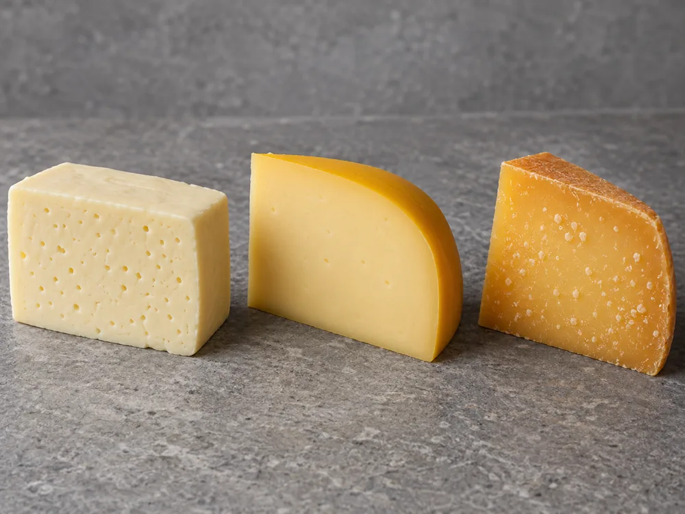 Rindless Havarti beside a young pale yellow Gouda wedge and an older deeper golden Gouda with tiny crystals - Havarti vs Gouda | KnowTheCheese