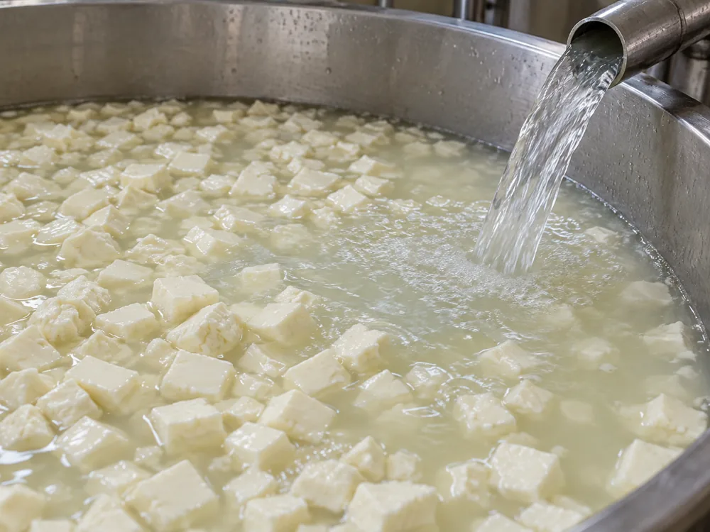 Water added to a vat of pale curds in whey - Havarti vs Gouda | KnowTheCheese