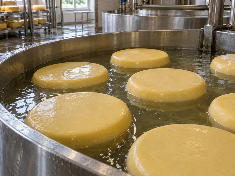 Round Gouda wheels resting in a stainless-steel tank of brine - Havarti vs Gouda | KnowTheCheese