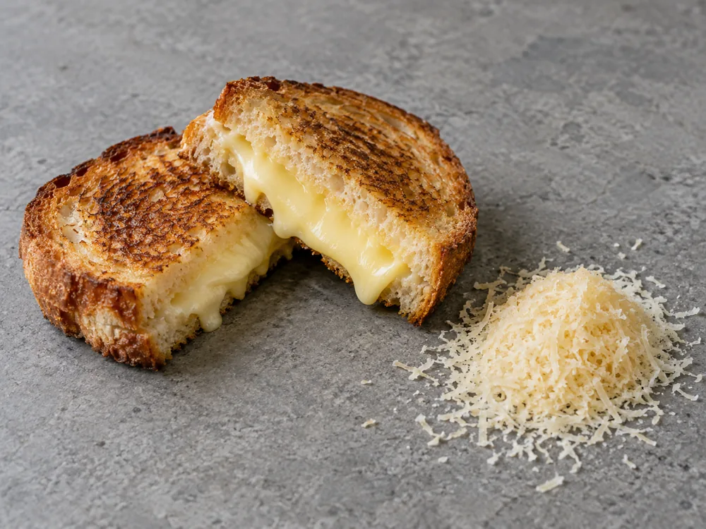 Grilled cheese sandwich cut open with melted cheese beside a pile of finely grated hard cheese - Havarti vs Gouda | KnowTheCheese