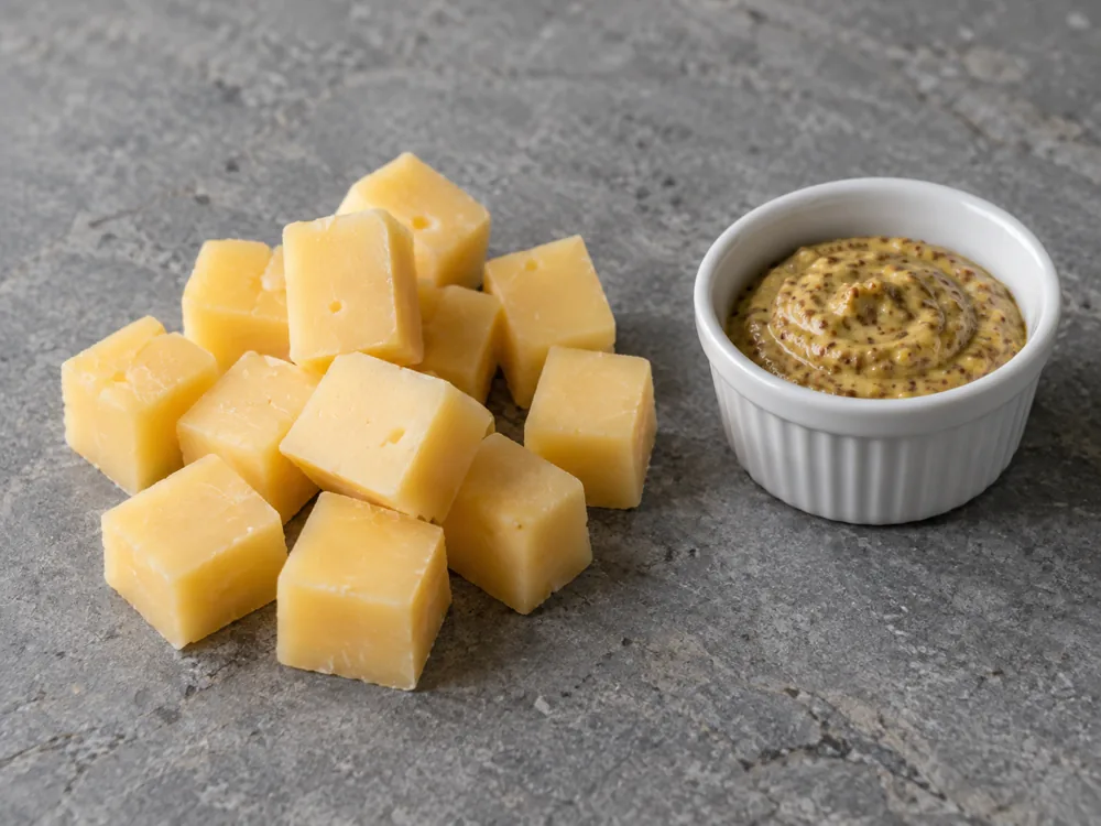 Cubes of pale yellow Gouda beside a small dish of mustard - Havarti vs Gouda | KnowTheCheese