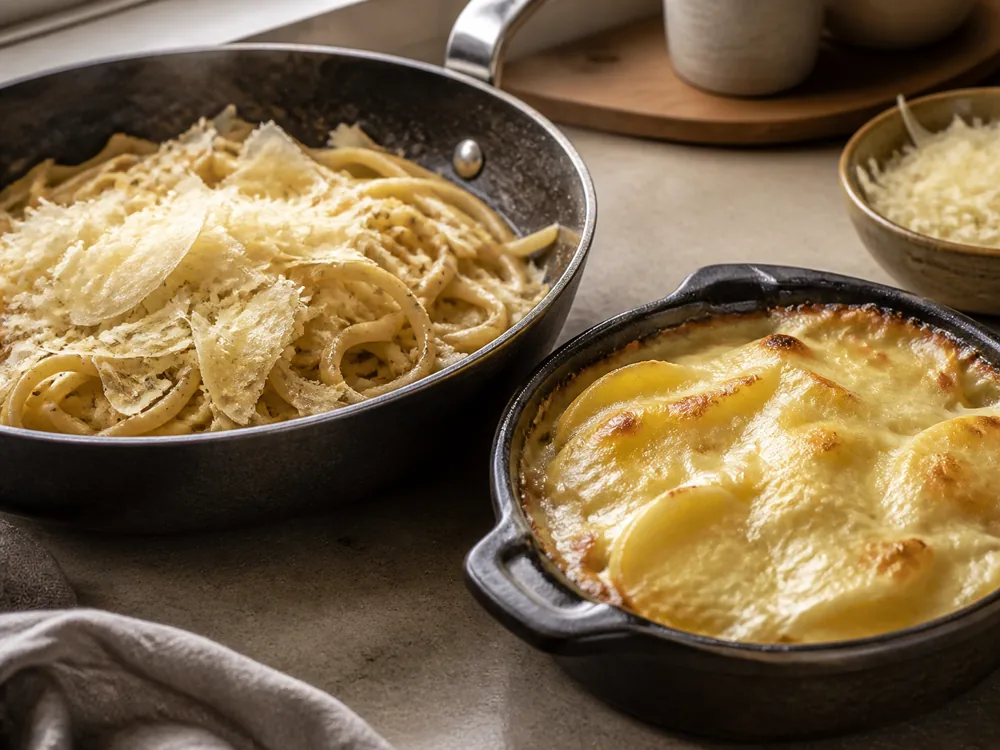 Parmesan shavings over pasta beside Gruyere melted over potatoes - Parmesan vs Gruyere | KnowTheCheese