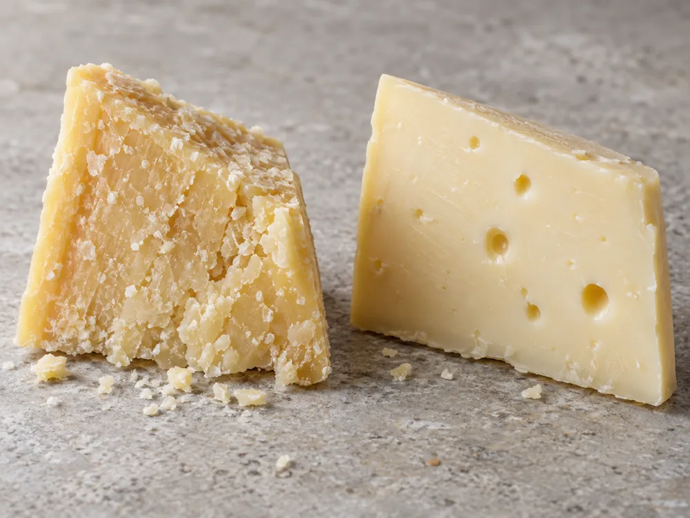Cut faces of a grainy hard cheese with white crystal dots beside a smooth Gruyere with small holes - Parmesan vs Gruyere | KnowTheCheese