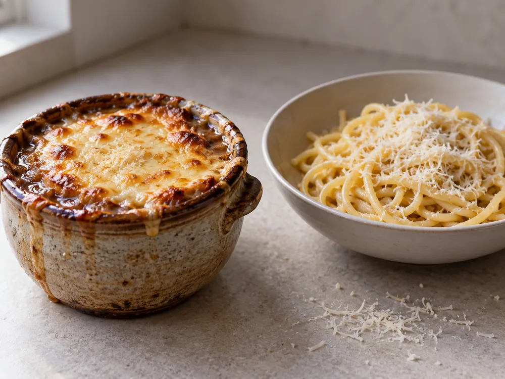 Browned melted cheese over an onion soup crock beside pasta topped with dry grated cheese - Parmesan vs Gruyere | KnowTheCheese