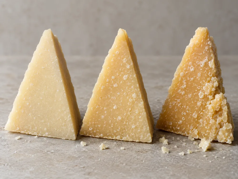 Three wedges of hard granular cheese with increasingly deep colour and more white crystal dots - Parmesan vs Gruyere | KnowTheCheese