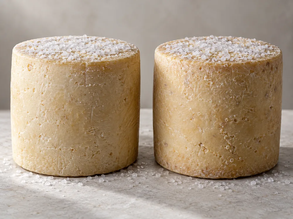 Two Pecorino Romano wheels with coarse salt spread on their flat tops - Parmesan vs Pecorino | KnowTheCheese