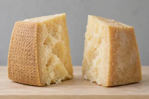 Two hard cheese wedges, one with a pin-dotted rind and one with a plain rind - Parmigiano-Reggiano vs Parmesan | KnowTheCheese