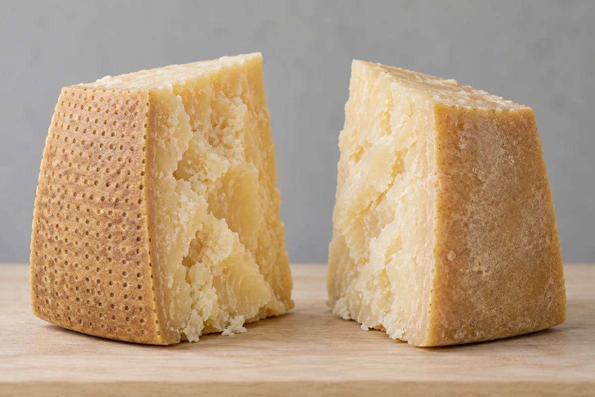 Two hard cheese wedges, one with a pin-dotted rind and one with a plain rind - Parmigiano-Reggiano vs Parmesan | KnowTheCheese