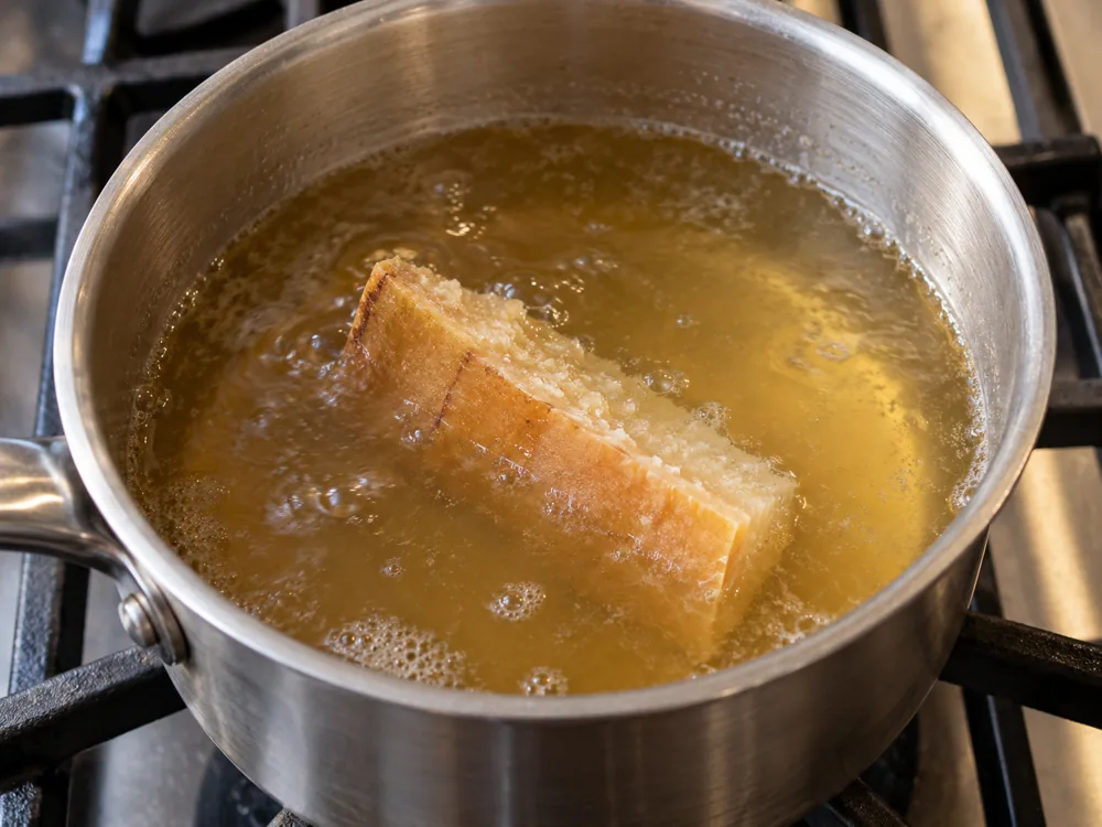 Chunk of hard cheese rind simmering in a saucepan of broth - Parmigiano-Reggiano vs Parmesan | KnowTheCheese
