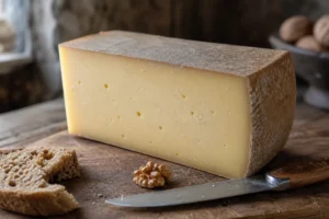 Wedge of Comte with pale-gold paste and brushed natural rind on a rustic board - Comte cheese | KnowTheCheese