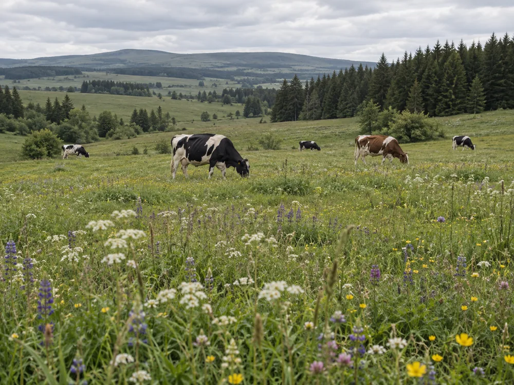 Dairy cows grazing a wildflower meadow beside spruce woodland on rolling upland - Comte | KnowTheCheese