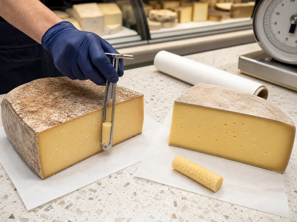 Cheesemonger using a cheese trier to inspect Alpine cheese beside a second core sample - Comte vs Gruyere | KnowTheCheese