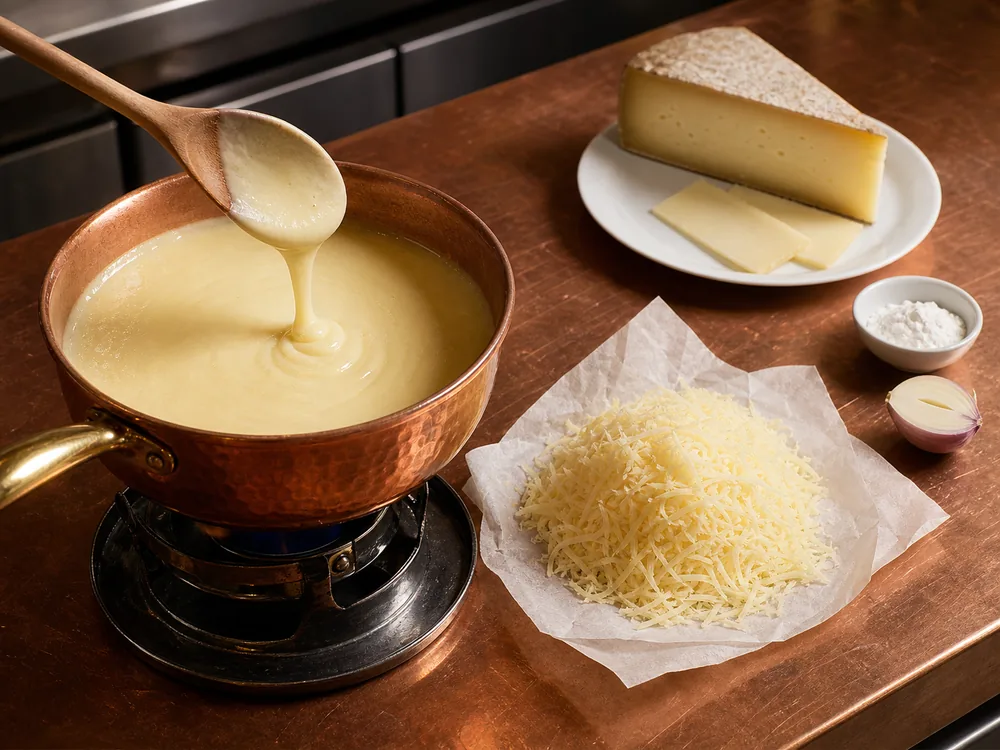 Smooth Alpine cheese fondue in a copper pot beside grated cheese and a separate tasting wedge - Comte vs Gruyere | KnowTheCheese