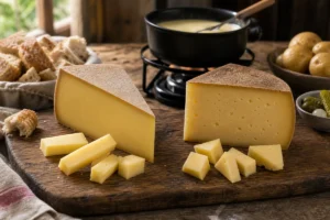 Comte and Gruyere wedges beside fondue and bread.
