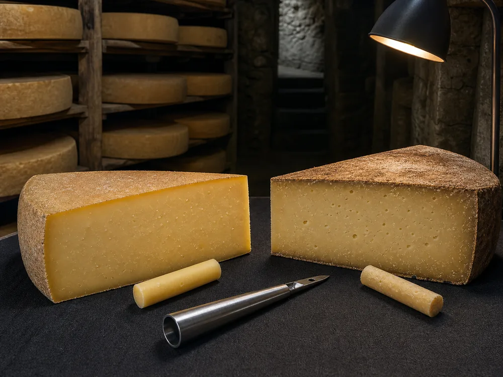 Natural-rind Alpine wedges with different paste textures and cheese-trier core samples in an aging cellar - Comte vs Gruyere | KnowTheCheese