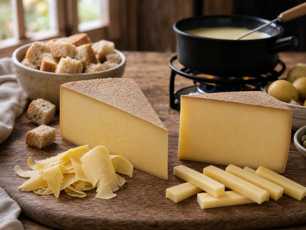 Comte and Gruyere wedges with shavings and fondue prep.