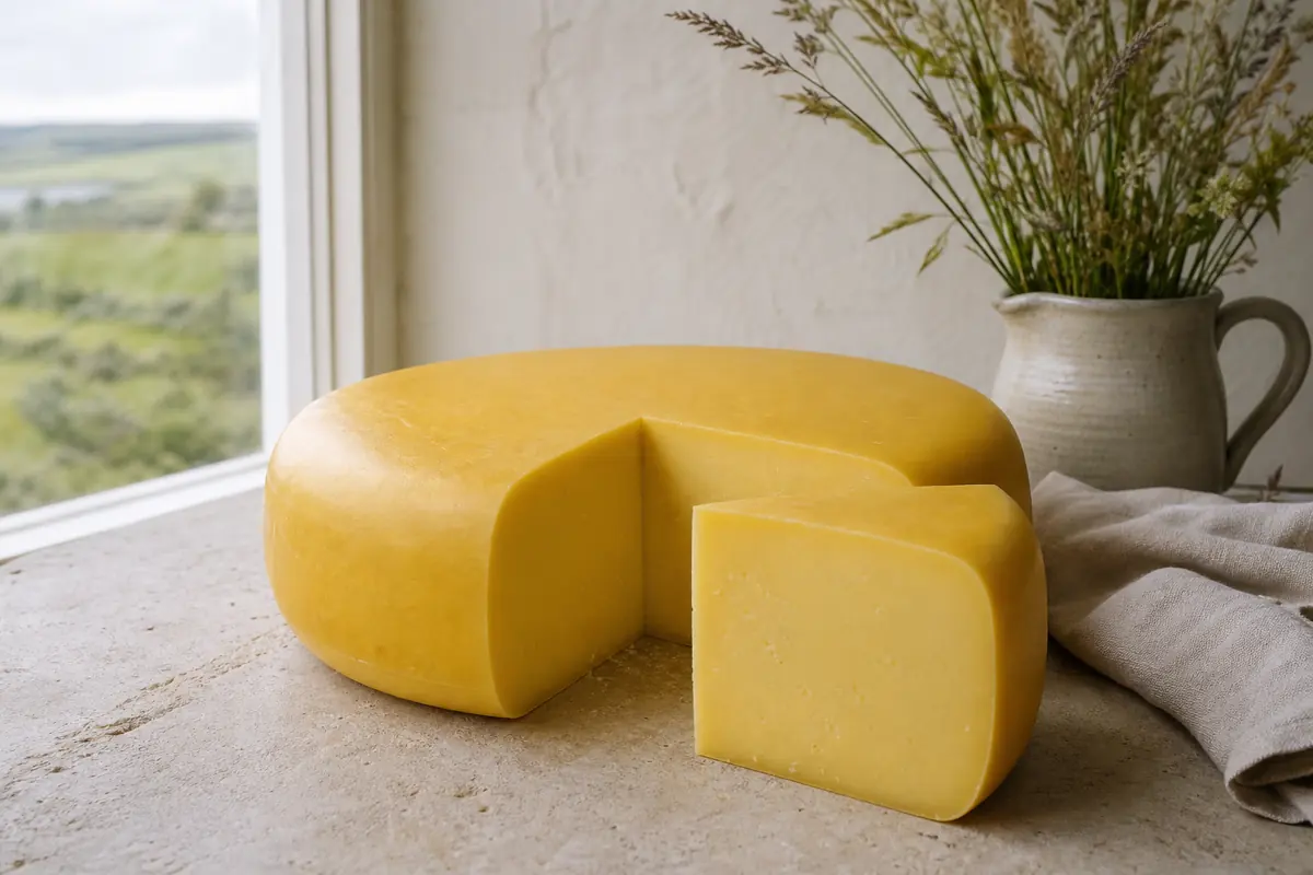 Mature Coolea wheel and wedge on a farmhouse counter | KnowTheCheese